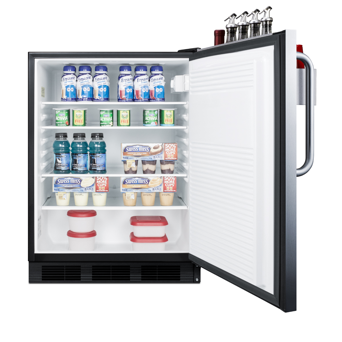 ADA compliant built-in undercounter all-refrigerator for general purpose or commercial use, auto defrost w/SS door, removable Speed Rail, towel bar handle, and black cabinet